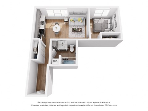 a stylized floor plan with a bedroom and a living room